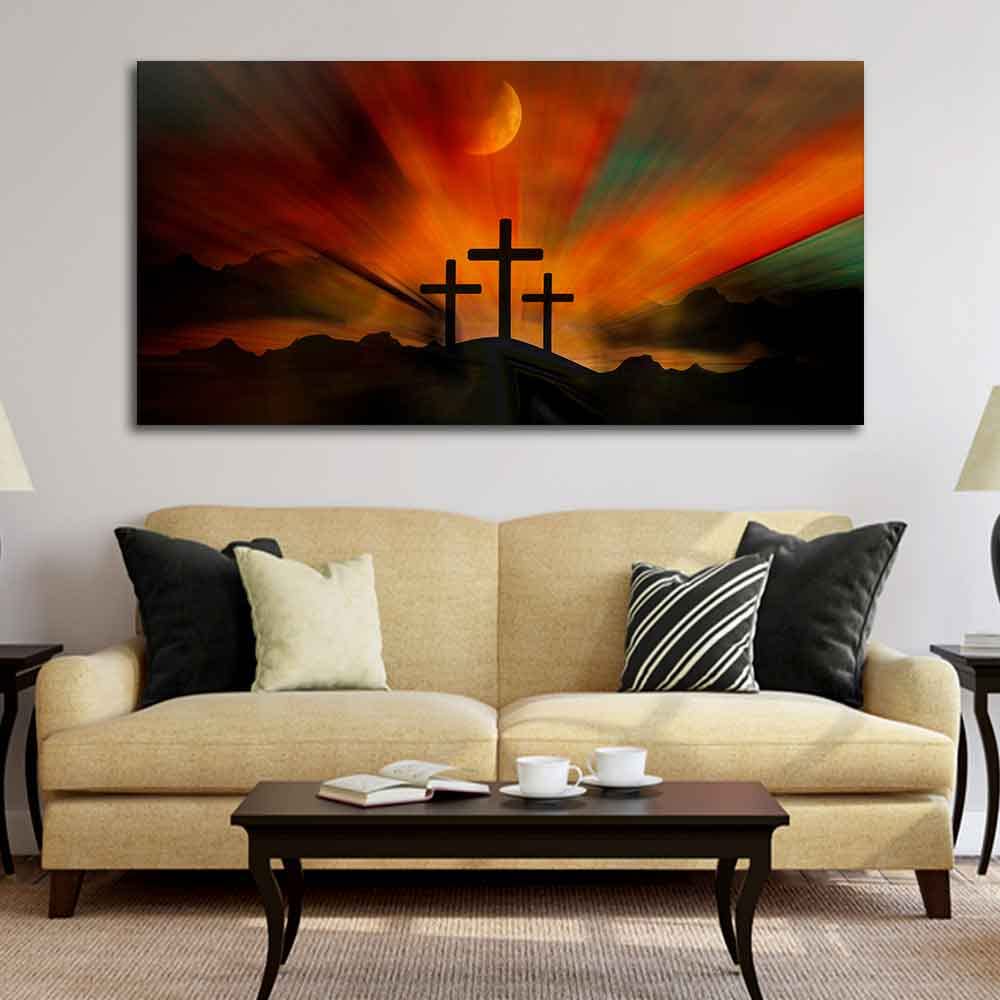 VIBECRAFTS Canvas Paintings for Living Room Drawing Room Three Cross Silhoutte Canvas Wall Painting Fitted With Wooden Frame For Home | Office | Living Room | Gifts (PTVCH_2540)
