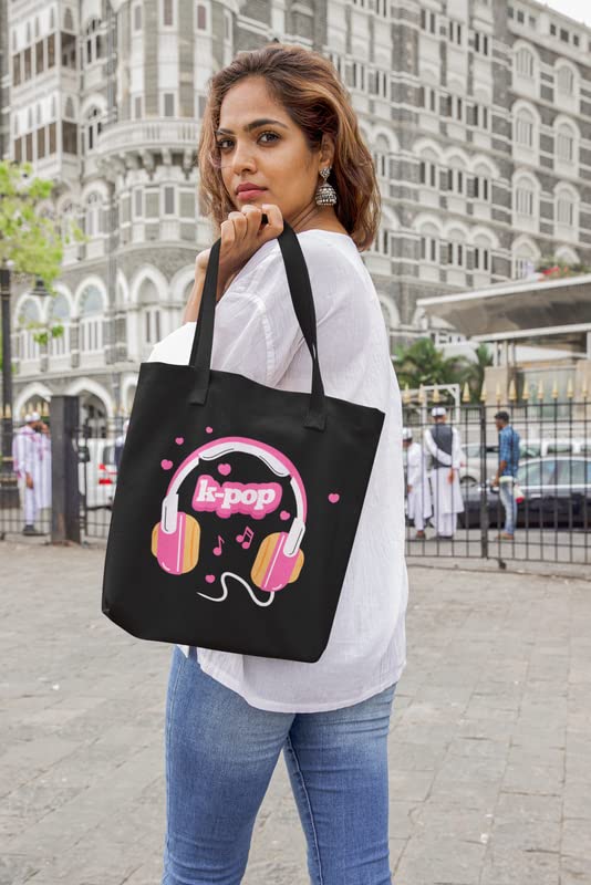 YaYaCafe BTS Printed Canvas Cotton Black Tote Bag with Zipper for Women & Girls