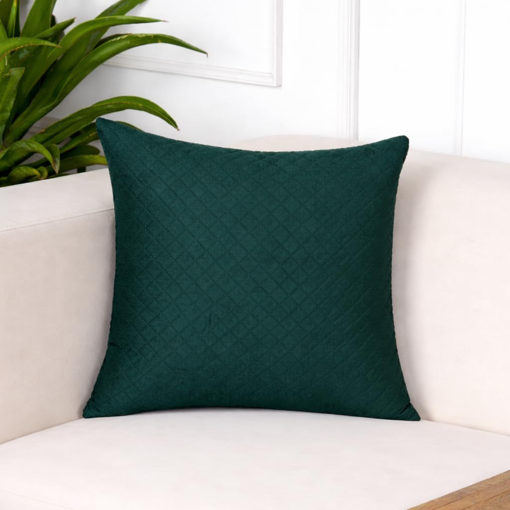 STITCHNEST Quilted Velvet Cushion Covers Set of 5 | Soft Green | 18x18 Inches | Premium Sofa & Living Room Décor