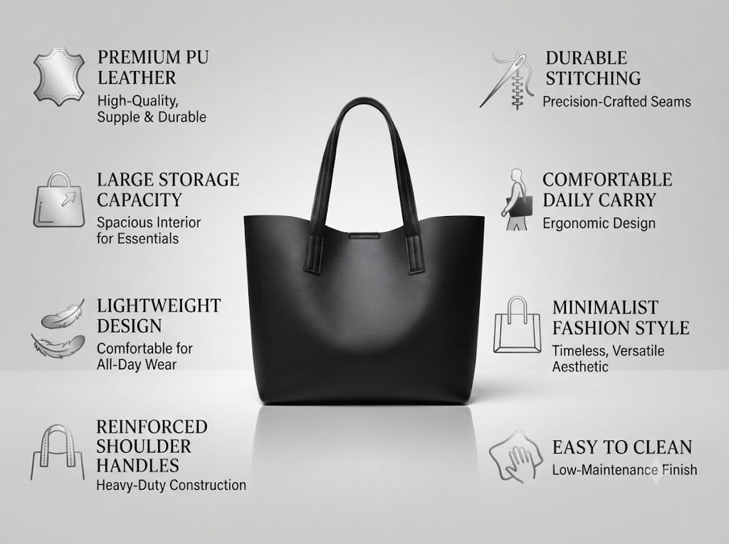 PAVILONN Women Tote Bag PU Leather Office Shoulder Handbag, Large Capacity Black Top Handle Purse for Work, College, Shopping, Travel, Everyday Carry, Elegant Gift for Women
