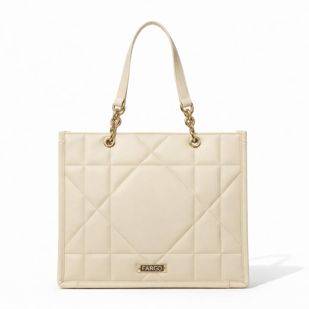 Fargo Matrix Tote Bag for Women | Vegan Leather Handbag with 15-Inch Laptop Compartment, Smooth Zip | Stylish Office, College & Daily Use Tote | Made in India (Ivory)