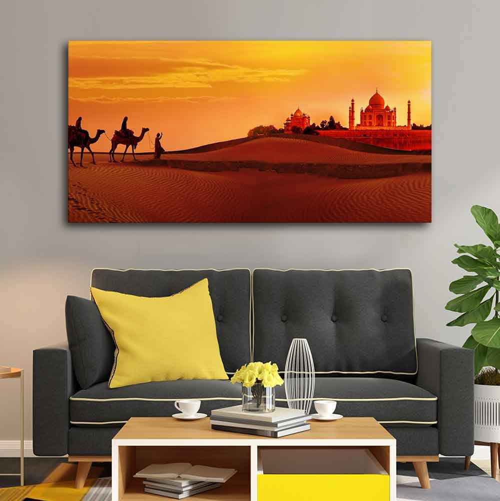 VIBECRAFTS Canvas Paintings for Living Room Drawing Room Beautiful Wall Painting of Camel Caravan Heading to Taj Mahal Fitted with Wooden Frame for Home|Office|Gift(PTVCH_2278)