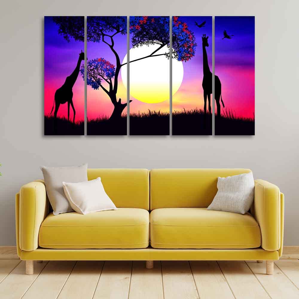 VIBECRAFTS Pair of Giraffe at Night Canvas Wall Painting of Five Pieces For Home|Office|Living Room|Gift (PTVC5Pcs4_8736)