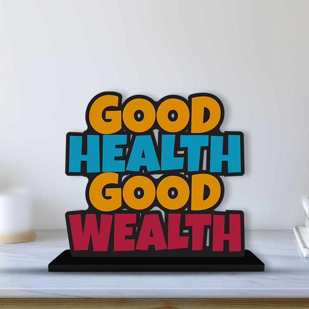 Artvibes Wooden Idols and Figurine Good Health Good Wealth Quotes Table Decoration for Office Desk | Home Decor Item | Living Room | Modern Art Wood Showpiece Gift Item (SP_1139N)