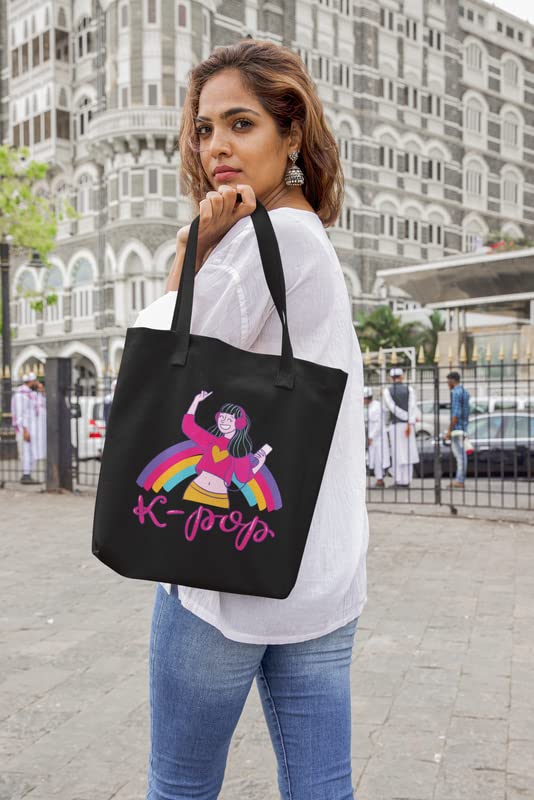 YaYaCafe BTS Printed Canvas Cotton Black Tote Bag with Zipper for Women & Girls