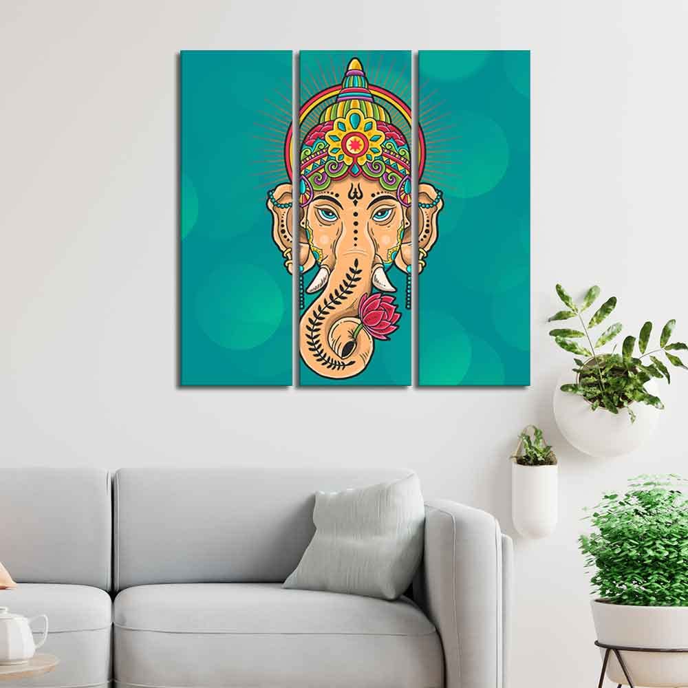 VIBECRAFTS Shree Ganesh Ji Head 3 Pieces Canvas Wall Painting Fitted With Wooden Frame For Home | Office | Living Room | Gifts (PTVC3Pcs1_9583)