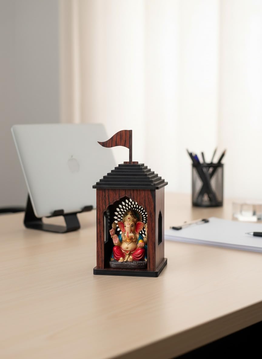 thinkit Wooden Car Dashboard Temple, for Car/Truck/Bus Dashboard, Mini Temple for Office Desk/Study Table and Small Spaces, Ideal for Gifting/Car Accessories - Brown, 1 Pcs