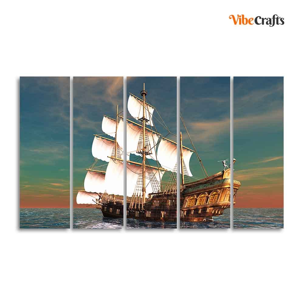 VIBECRAFTS Premium Wall Painting of Ship on the Ocean Five Pieces For Home|Office|Living Room|Gift (PTVC5Pcs4_8610)