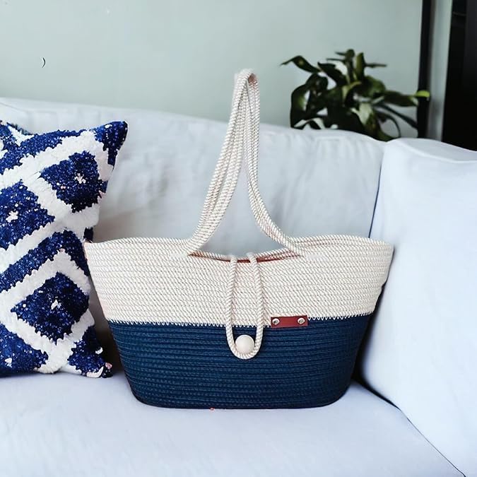 BEAUTIFUL HOMMIES Attractive Hand Bag |large Tote Bag |Summer Bag | Bucket Bag | Basket Bag | Bamboo Tote | Beach Bags for Women|Boho Bag|Handbag |Jute Bag |Handmade Bag (BLUE WHITE STYLISH)