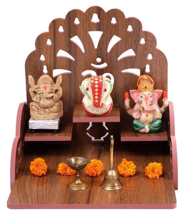 AVONIX LASER STUDIO Traditional Wooden Pooja Mandir with Om Symbol, Dual Elevated Platforms, and Ornate Side Cutouts – Perfect for Idols and Daily Rituals (Brown)