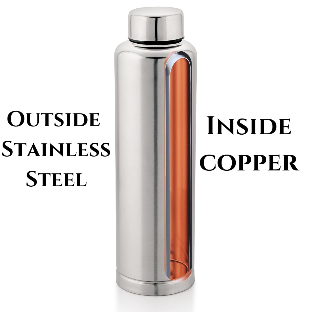 Silverglow Inside Copper Finish Bottle | Stainelss Steel 750 ml capacity Water Bottle | Leakproof and durable | Outdoor, gym, school, office and gifting article