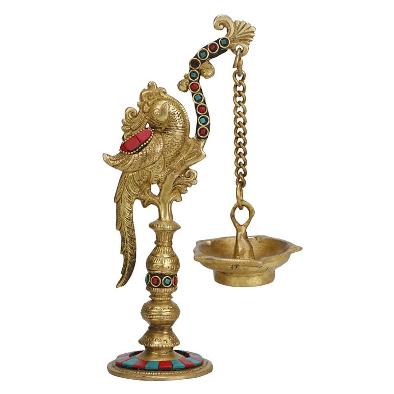 Svarup 9 Inch Small Multicolor Brass Parrot Long Chain Oil Lamp Diya: Ideal for Home Temple, Camphor/Kapur Burning, and Tabletop Puja