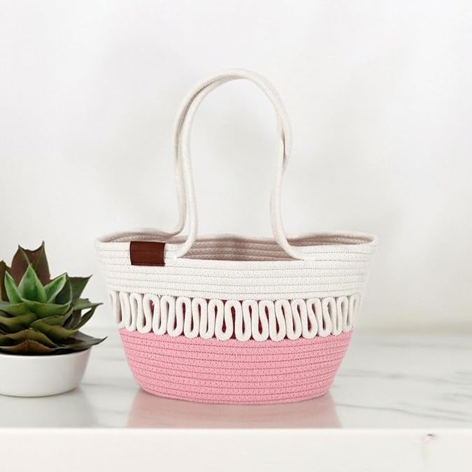 BEAUTIFUL HOMMIES Attractive Hand Bag |large Tote Bag |Summer Bag | Bucket Bag | Basket Bag | Bamboo Tote | Beach Bags for Women|Boho Bag|Handbag |Jute Bag |Handmade Bag (PINK WHITE)