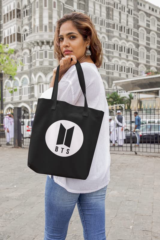 TheYaYaCafe BTS Printed Canvas Cotton Black Tote Bag With Zipper for Women and Girls