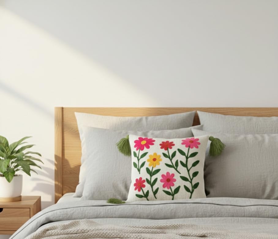 Furnistitchs Handmade Tufted Boho Cushion Covers 12x12 Inches | Embroidered Sofa Pillow Cases | Rustic Bohemian Decorative Throw Cushions for Couch Bedroom Living Room (2, Balloon Floral)