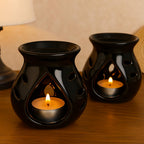 Pure Source India Ceramic Clay Oil Burner Aroma Diffuser (Black) Set of 2 | Essential Oil & Wax Melt Burner | Tea Light Candle Holder | Home Fragrance Diffuser for Spa, Yoga & Home Decor