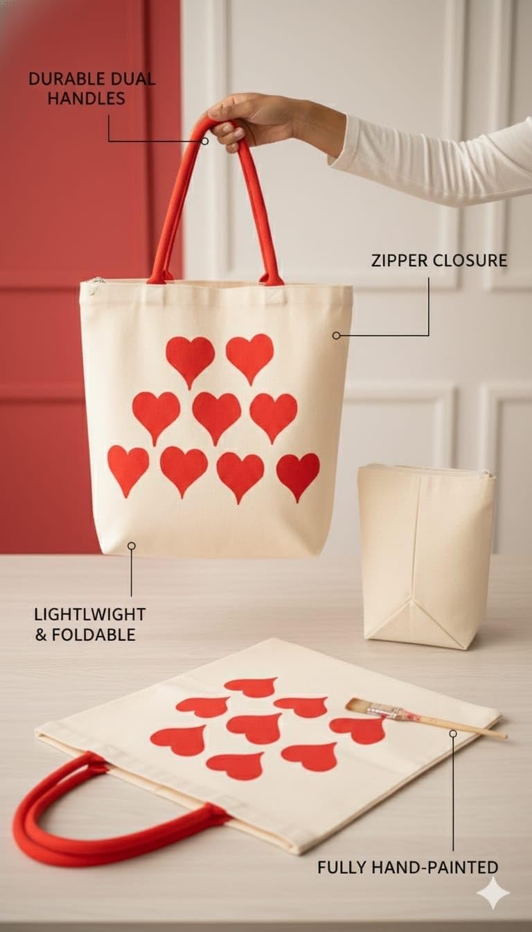 ZIG ZAG BAGS Canvas Tote Bag with Zipper | Hearts Design | Hand-Painted Cotton Tote for Girls, Office & Shopping | Eco-Friendly Cloth Handbag | Stylish Shoulder Shopping Bag for Women (Hearts)
