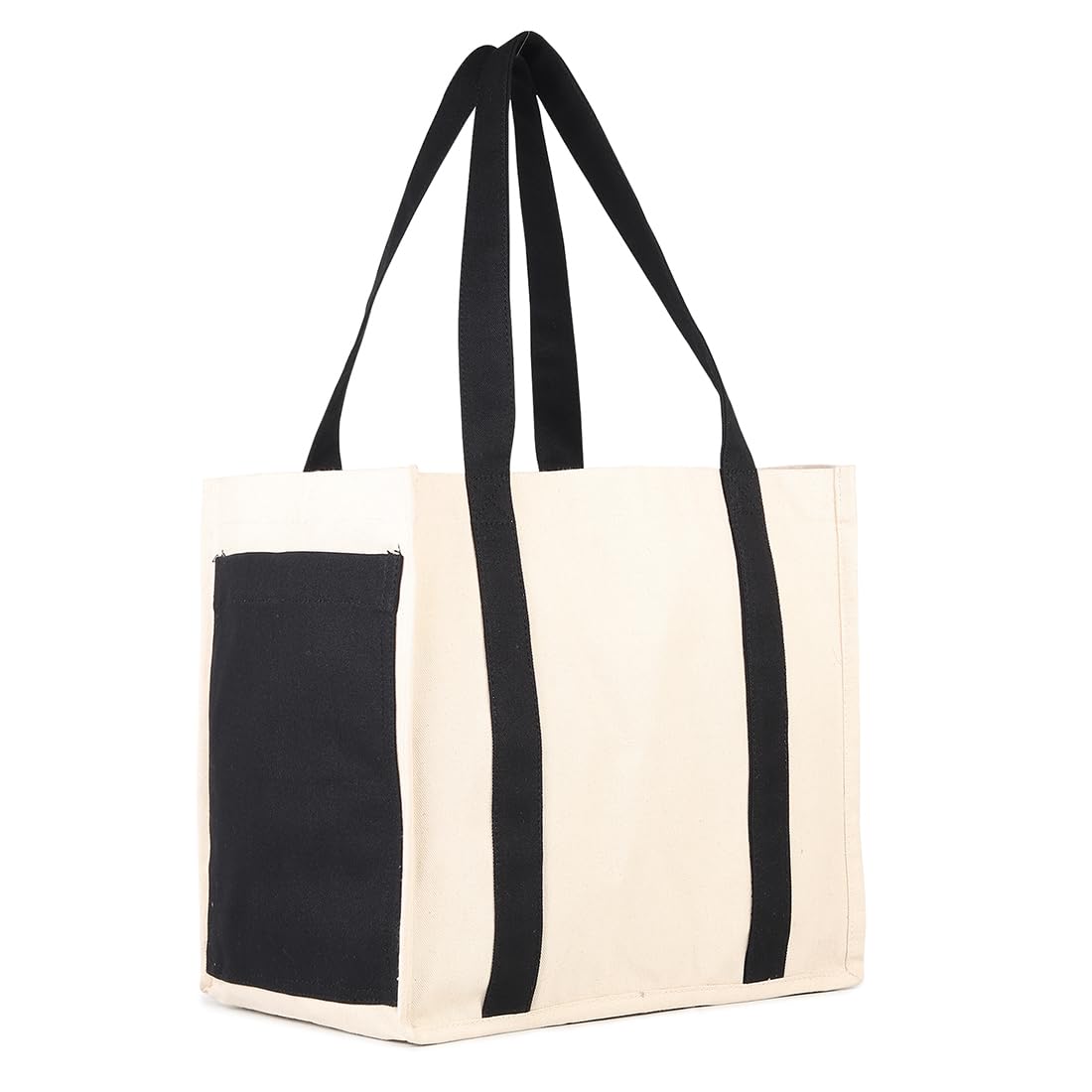 DOUBLE R BAGS Heavy Duty Canvas Grocery Bag with Side Pockets, Reusable Shopping Tote with Handles, Large Multipurpose Cotton Bag for Grocery, Jhola, Beach, Picnic, Travel. (Black, Pack of 2)