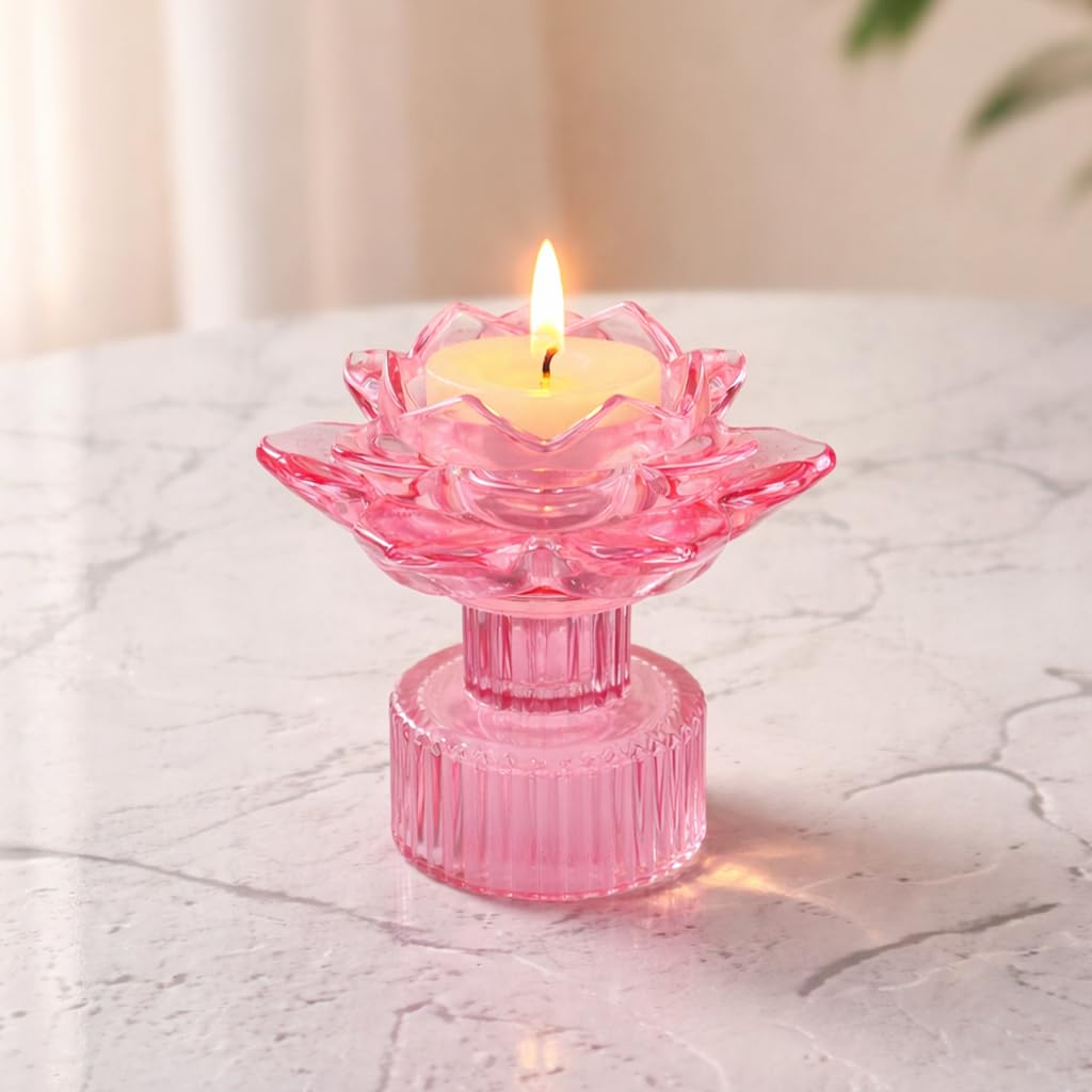 NFI essentials Tealight Lotus Flower Candle Holder with Clear Pedestal Base Artistic Centerpiece for Home Décor, Meditation, Special Occasions, and Festive Lighting