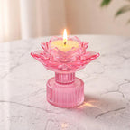 NFI essentials Tealight Lotus Flower Candle Holder with Clear Pedestal Base Artistic Centerpiece for Home Décor, Meditation, Special Occasions, and Festive Lighting