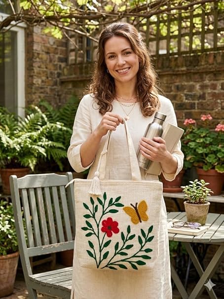 Embroidered Canvas Tote Bag, Cream, Floral Butterfly Design, Zipper Closure with Tassel