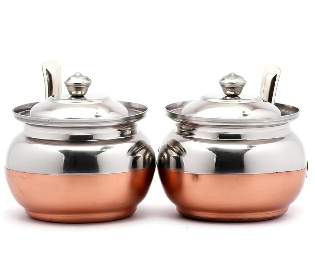 Tekzie Stainless Steel Ghee Pot with Spoon | Copper Bottom Oil & Ghee Container | Leak-Proof Ghee Storage Box with Lid | 150 ml – Pack of 2