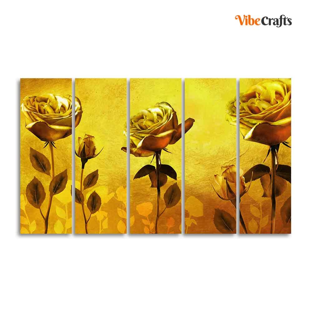 VIBECRAFTS Golden Roses Five Pieces Canvas Wall Painting For Home|Office|Living Room|Gift (PTVC5Pcs4_8663N)