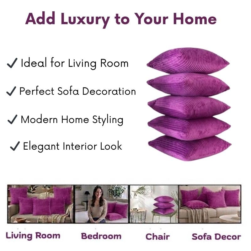 RD TREND® Cushion Cover Set of 5, Decorative Sofa Living Room Home Square Cushion Covers 16 Inch x 16 Inch, Aesthetic Corduroy Striped Double Sided (Dark Pink,Pack of 5)