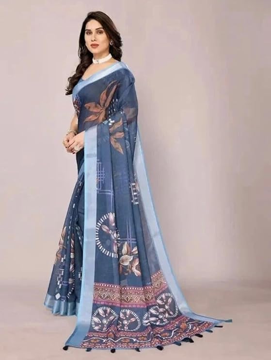 HARI PRIYA PRINTS Women Digital Novelty Printed Linen Cotton Silver Zari Border Saree With Unstitched Blouse Piece Women's Floral Printed Linen Blend Saree Included
