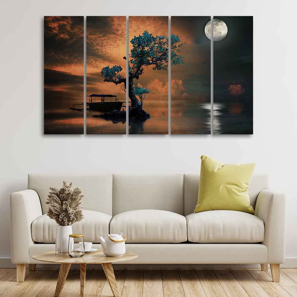 VIBECRAFTS Amazing Tree under The Moon Premium Wall Painting of Five Pieces For Home|Office|Living Room|Gift (PTVC5Pcs4_8715)