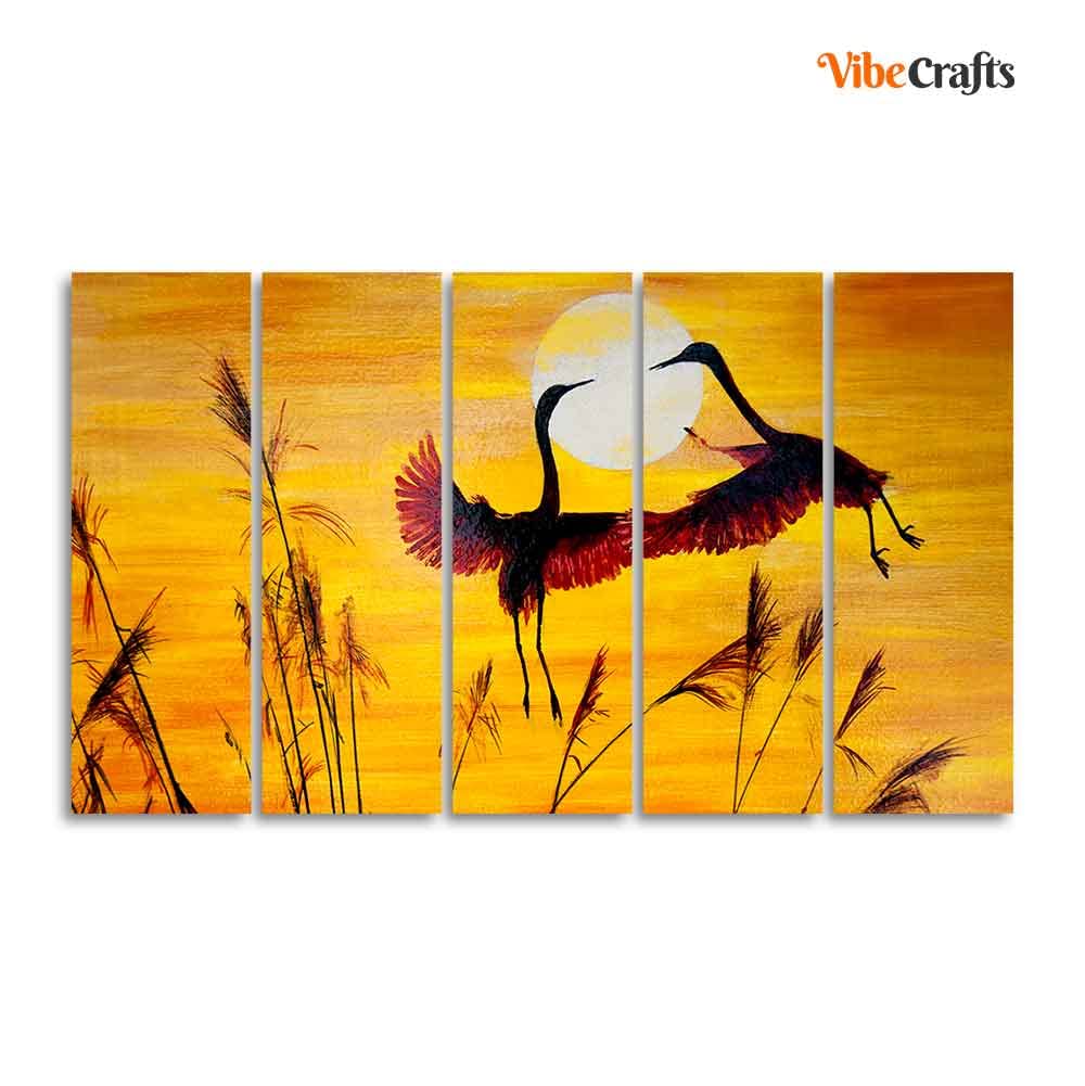 VIBECRAFTS Cranes Flying 5 Pieces Canvas Wall Painting For Home | Office | Living Room | Gift (PTVC5Pcs4_8509)