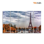 VIBECRAFTS Eiffel Tower and Seine River Bedroom Wall Painting of Five Pieces For Home|Office|Living Room|Gift (PTVC5Pcs4_8657)