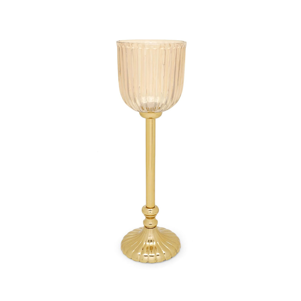 Pure Home + Living | Hurricane | Ribbed Glass | Brown | Small - 8.5 x 8.5 x 26 cm | Glass Hurricane with Metal Stand | Decorative, Home Décor, Candle Holder, Gift | Single