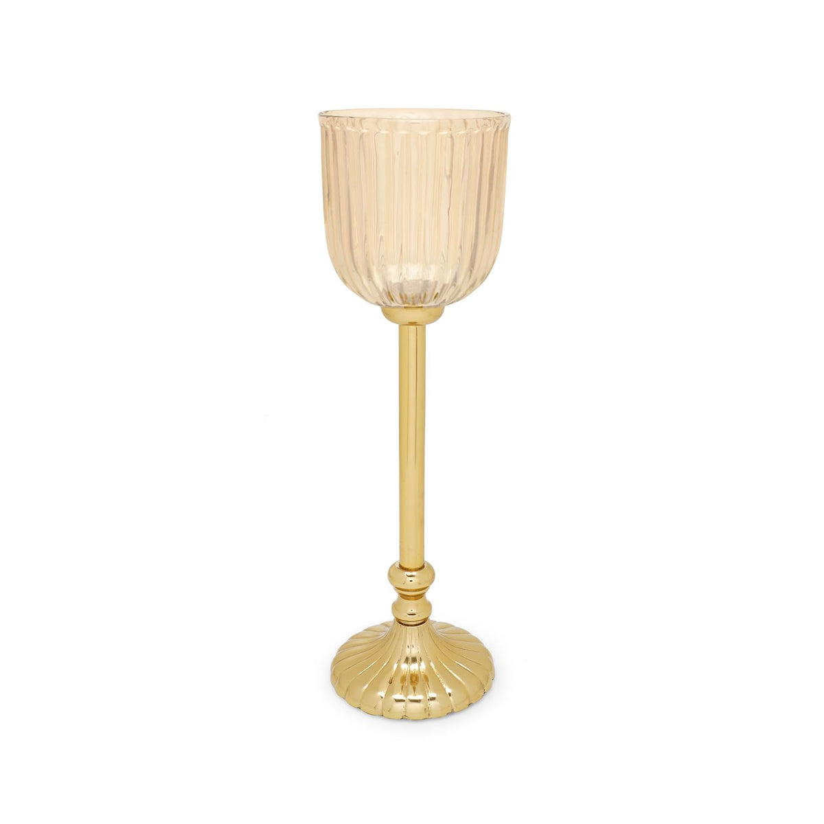 Pure Home + Living | Hurricane | Ribbed Glass | Brown | Small - 8.5 x 8.5 x 26 cm | Glass Hurricane with Metal Stand | Decorative, Home Décor, Candle Holder, Gift | Single