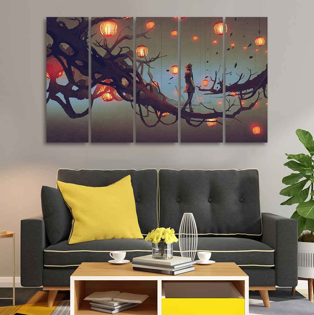VIBECRAFTS Man Walking in Night Premium Five Pieces Canvas Wall Painting For Home|Office|Living Room|Gift (PTVC5Pcs4_8649)
