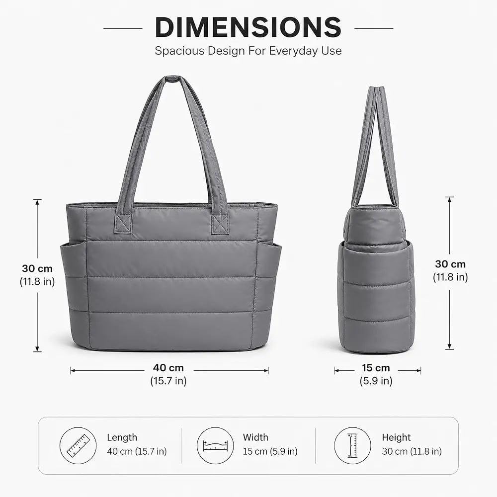 COZIESS 1Pack, Stylish Women's Office Tote Bag with Multi Compartment, Lightweight Puffy Shoulder Handbag, Large Capacity College Bag with Side Pockets for Travel, Work & Daily Use - Grey