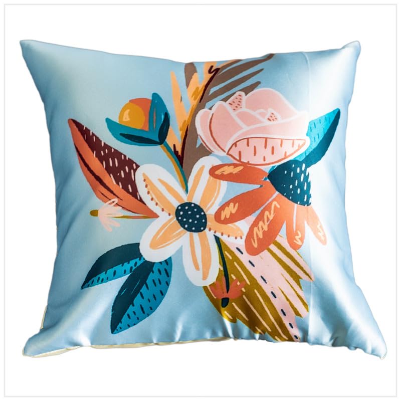 Vendola Printed Satin Sofa Cushion Covers Set of 5 16 inch x 16 inch, Blue, White & Red Throw Pillow Covers for Sofa, Decorative Cushion Covers for Living Room, Bedroom, Couch, (Blossom, 16x16)