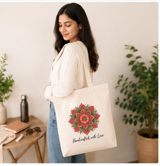 Cotton Canvas Tote Bag for Women, 100% Cotton 330 GSM Reusable Shopping Bag, Large Eco Friendly Shoulder Tote for College, Office, Grocery & Travel, Mandala Flower Print