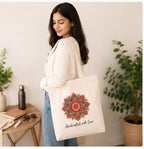 Cotton Canvas Tote Bag for Women, 100% Cotton 330 GSM Reusable Shopping Bag, Large Eco Friendly Shoulder Tote for College, Office, Grocery & Travel, Mandala Flower Print
