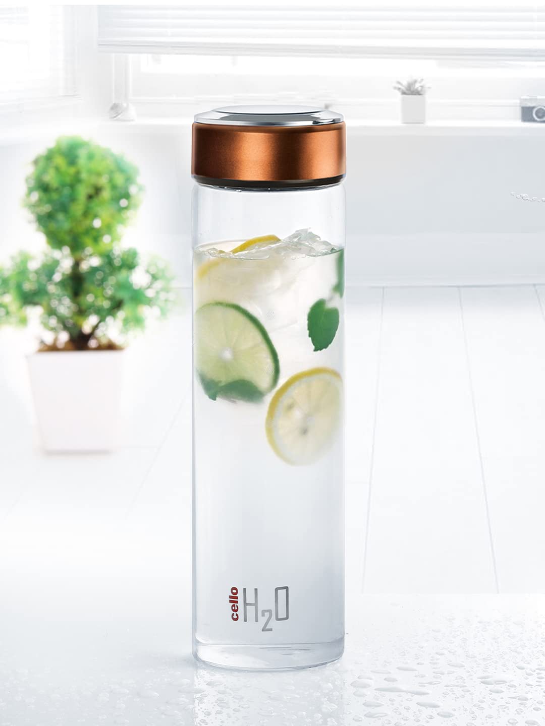 CELLO H2O Glass Water Bottle for Fridge 1000 ml Copper | Microwave Freezer & Dishwasher Safe, Easy to Clean & Pour Wide Mouth Lead-Free Toughened Glass Water Bottle for Kitchen Office Travel & Gifting