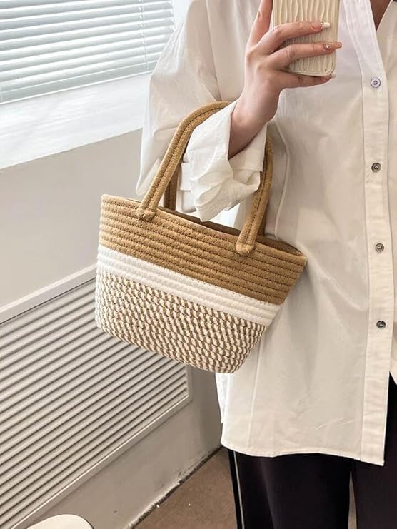 BEAUTIFUL HOMMIES Attractive Hand Bag |large Tote Bag |Summer Bag | Bucket Bag | Basket Bag | Bamboo Tote | Beach Bags for Women|Boho Bag|Handbag |Jute Bag |Handmade Bag (BEIGE AND WHITE STYLISH)