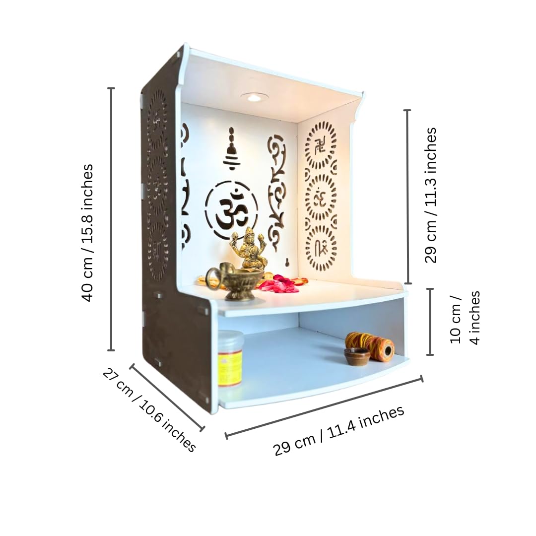 HomScape Om Wooden Wall Mounted Temple for Home, Office, Living Room | White Pooja Mandir with LED Light & Storage Shelf | Small Wooden Temple 15.8 Height | Home Temple Decor with Storage Cabinet