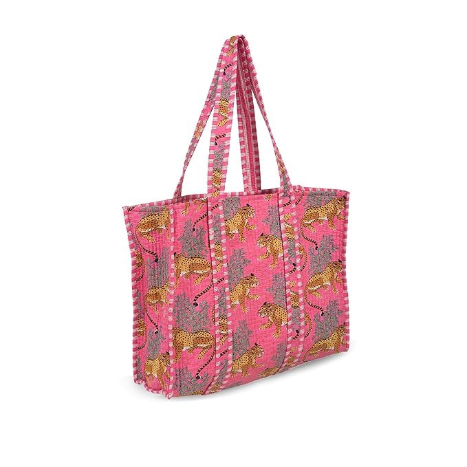 DecorAvenue Quilted Premium Cotton Printed Reversible Tote Bag Grocery Shopping Bag Travel Bags Carry Bag 18x15x5.5 Inch (Pink Tiger)