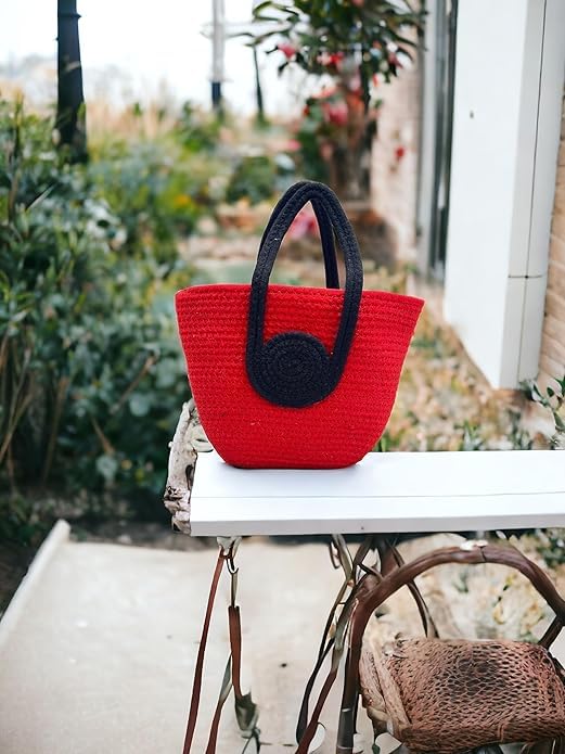 BEAUTIFUL HOMMIES Attractive Hand Bag | Large Tote | Summer Bucket | Bamboo Beach Basket for Women | Boho Handbag | Handmade Jute (RED-BLACK)