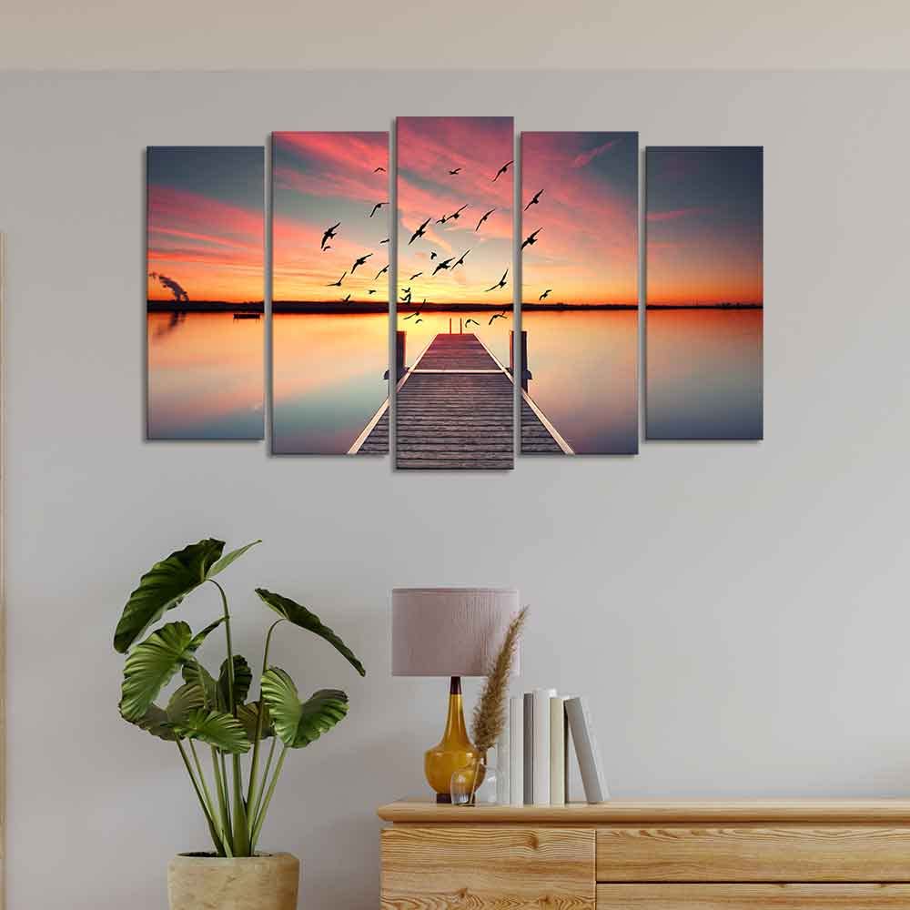 VIBECRAFTS Romantic Wooden Jetty in Sunset Canvas wall Painting of Five Pieces For Home|Office|Living Room|Gift (PTVC5Pcs2_6526)