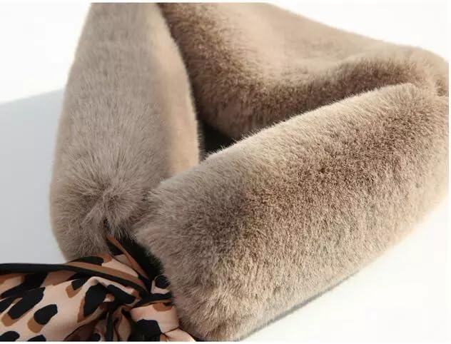 THE DDS STORE Winter Women Faux Fur Collar Leopard Print Scarves Plush Wrap Korea Bow Tie Neck Warmer Formal Party Shawl (Khaki)