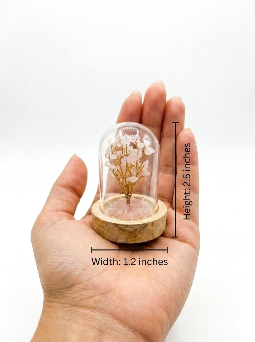 Rose Quartz Crystal Tree in Fixed Glass Dome (Tiny 2.5-Inch Size) Miniature Crystal Show Case for Home Decor, Office Desk,Study Table & Feng Shui Gifing