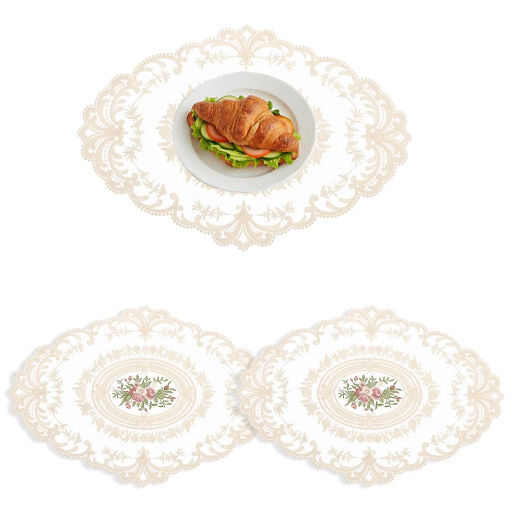 ZIBUYU® 2 Pcs Round Crochet Table Mats - Vintage Lace Handmade Embroidered Dining Table Mat Accessories, Coaster Set for Dining & Study Spaces (Beige) Kafalo