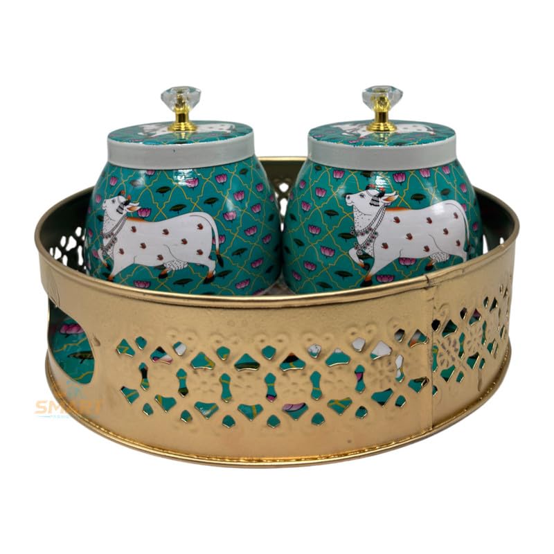 COOPTIC Handcrafted Multicolor Iron Pichwai Tray Set | Ethnic Decorative Trays for Serving, Festive Gifting & Home Décor | Storage jar for Dryfruits & Nuts (Single Green Cow)