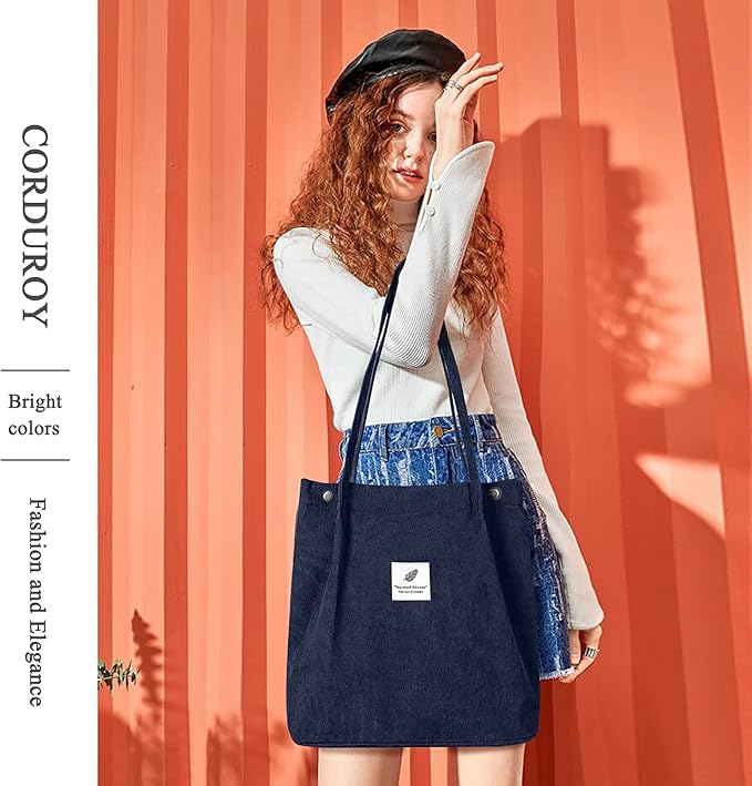 Lyrovo Women Corduroy Shoulder Tote Bag for Work Beach Travel and Shopping Grocery (Navy Blue)